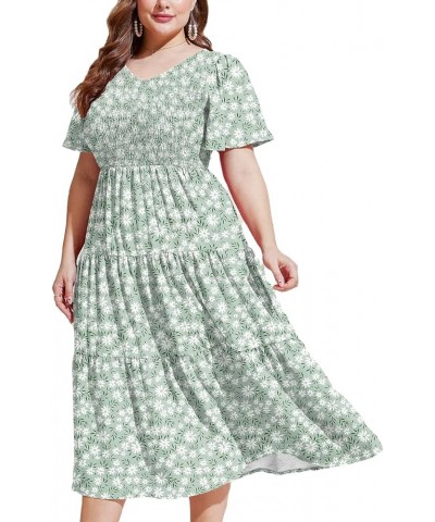 Women's 2024 Summer Casual Flutter Short Sleeve V Neck Smocked Elastic Waist Tiered Midi Dress 09-green Daisy $21.14 Dresses