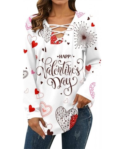 Womens Tops Casual Long Sleeve Valentines Day Shirts Trendy Love Heart Print Loose Fit Blouse Drawstring V Neck Tshirt G07-wh...