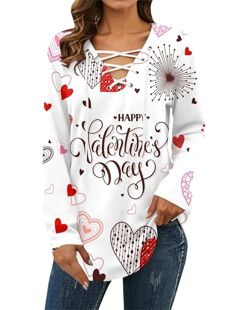 Womens Tops Casual Long Sleeve Valentines Day Shirts Trendy Love Heart Print Loose Fit Blouse Drawstring V Neck Tshirt G07-wh...