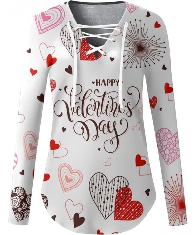 Womens Tops Casual Long Sleeve Valentines Day Shirts Trendy Love Heart Print Loose Fit Blouse Drawstring V Neck Tshirt G07-wh...