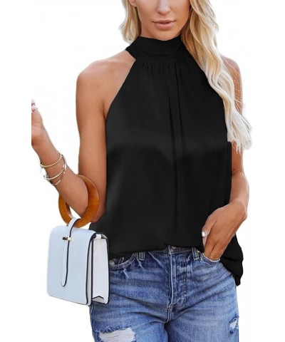 Women's Casual Sleeveless Self Tie Neck Pleated Front Tank Halter Top Satin-black $16.49 Tanks