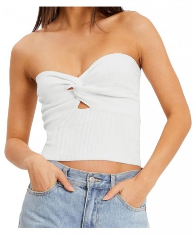 Knit Strapless Tube Top for Women Twist Knot Front Cutout Off Shoulder Crop Y2K Trendy Camisole Tank Top A White $11.88 Tops