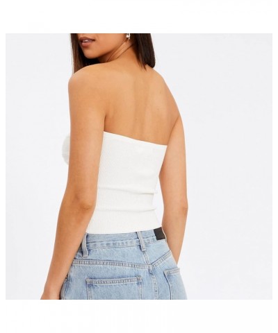 Knit Strapless Tube Top for Women Twist Knot Front Cutout Off Shoulder Crop Y2K Trendy Camisole Tank Top A White $11.88 Tops