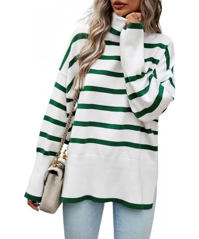 Women's Turtleneck Striped Sweater Casual Loose Long Sleeve Side Split Ribbed Knit Pullover Tops Green $25.07 Sweaters