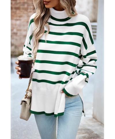 Women's Turtleneck Striped Sweater Casual Loose Long Sleeve Side Split Ribbed Knit Pullover Tops Green $25.07 Sweaters