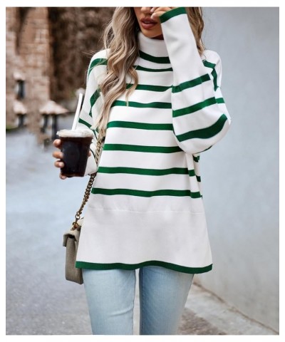 Women's Turtleneck Striped Sweater Casual Loose Long Sleeve Side Split Ribbed Knit Pullover Tops Green $25.07 Sweaters