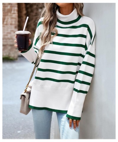 Women's Turtleneck Striped Sweater Casual Loose Long Sleeve Side Split Ribbed Knit Pullover Tops Green $25.07 Sweaters