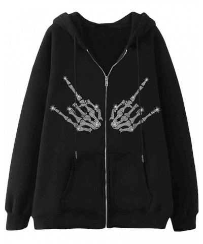 Y2k Zip Up Hoodie Sweatshirt Women Men Skeleton Printed Oversized Aesthetic Grunge Jacket Vintage Graphic Tops R Black $16.11...