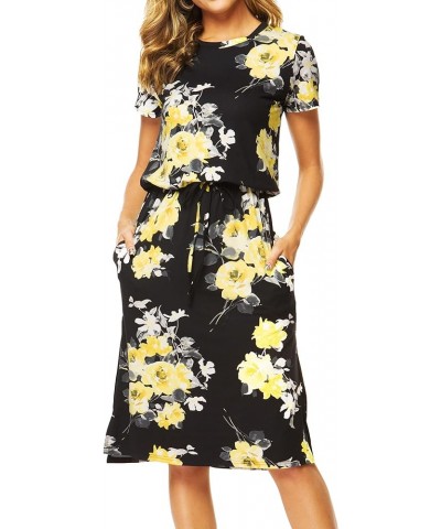 2024 Womens Hide Belly Work Casual Midi Blouson Dress with Pockets A-a-black Floral/Yellow/White $32.94 Dresses