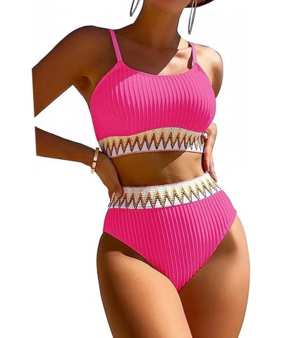 High Waisted Swimsuit Sports Ribbed Bikini Set Adjustable Shoulder Strap Two Piece Swimsuit Swimwear for Women Rose1 $15.38 S...