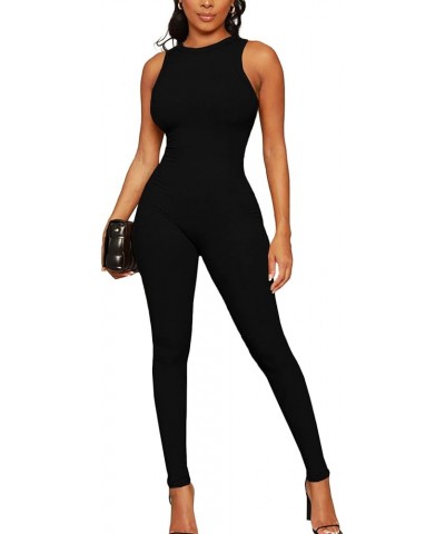 Women's Crewneck Sleeveless Bodycon Overall Tank Jumpsuit Playsuit Long Romper Black $12.47 Jumpsuits