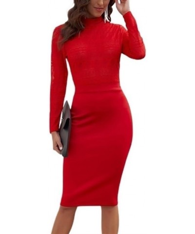 Women's Lace Cocktail Bridesmaid Formal Party Mock Neck Bodycon Long Sleeve Pencil Dresses Red $18.01 Dresses