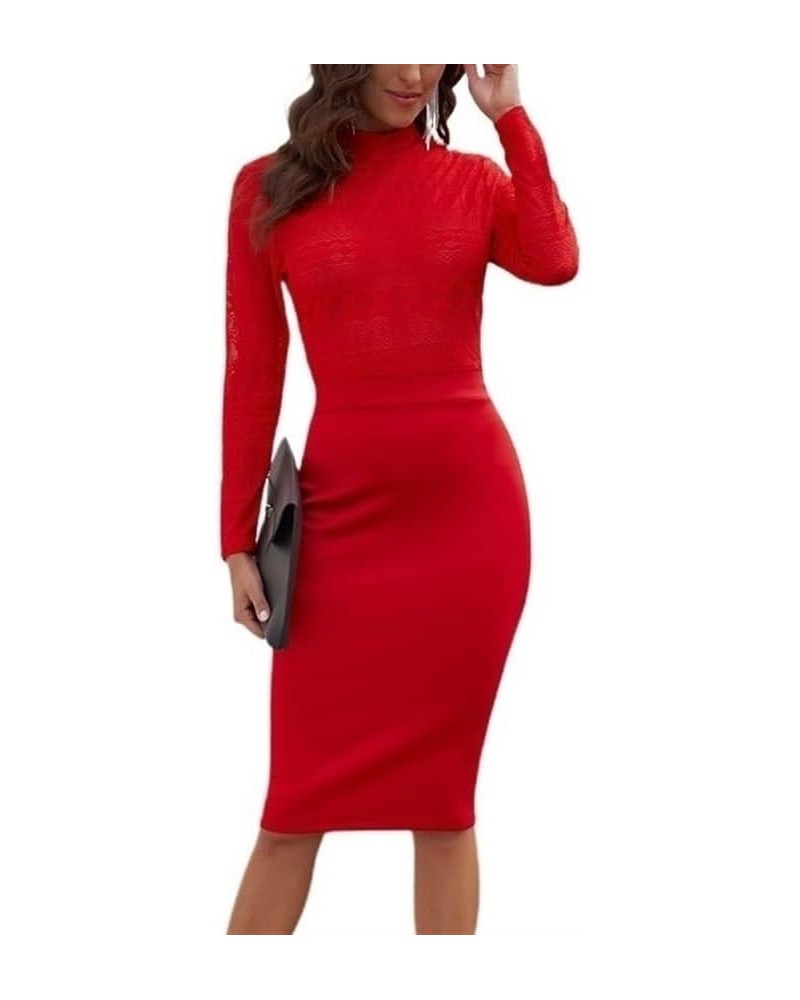 Women's Lace Cocktail Bridesmaid Formal Party Mock Neck Bodycon Long Sleeve Pencil Dresses Red $18.01 Dresses