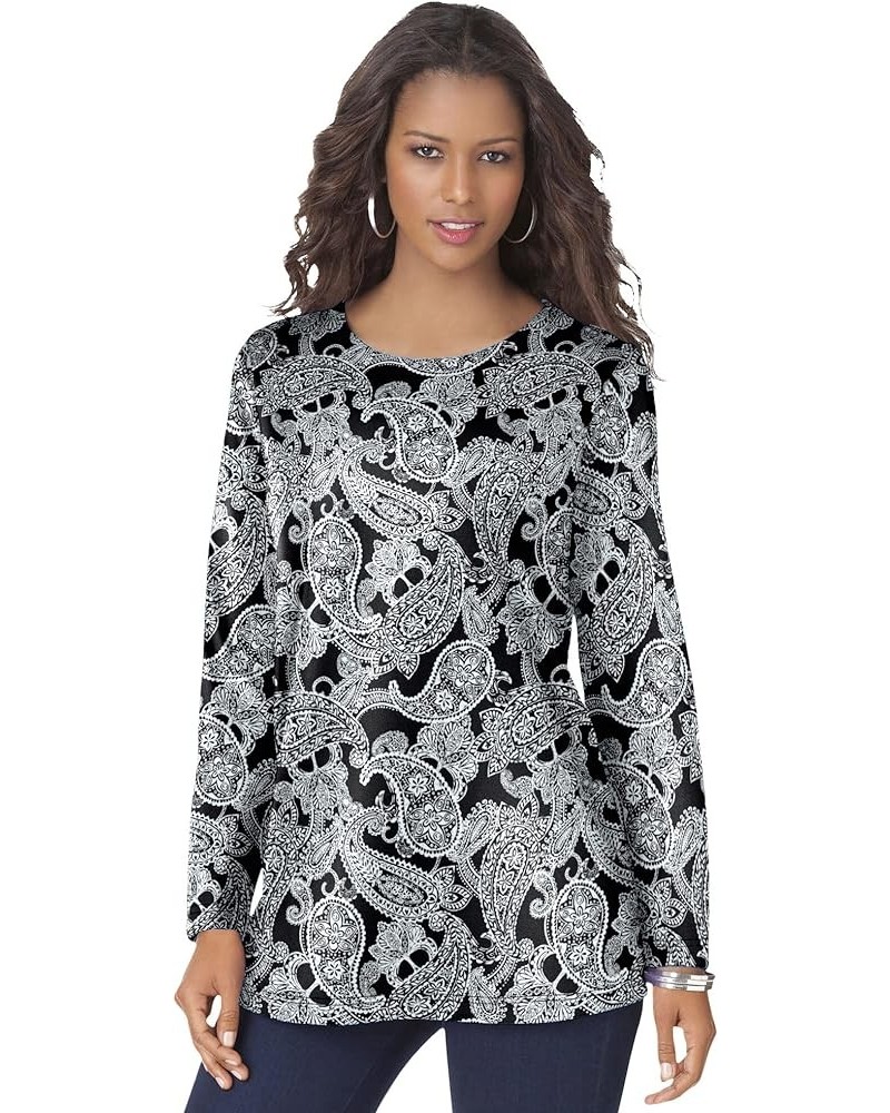 Women's Plus Size Long-Sleeve Crewneck Ultimate Tee Shirt Black Fancy Paisley $14.46 T-Shirts