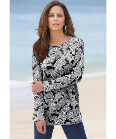 Women's Plus Size Long-Sleeve Crewneck Ultimate Tee Shirt Black Fancy Paisley $14.46 T-Shirts