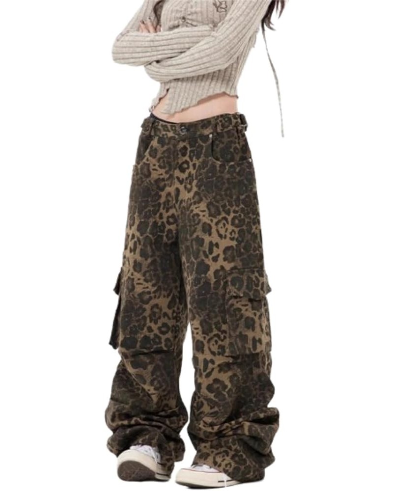 Y2K Leopard Print Pants Casual Loose Beggy Vintage Denim Pants Multi-Pocket Cargo Pants Leopard $17.10 Jeans