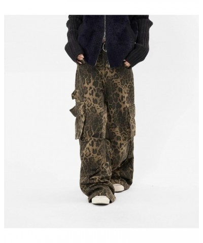 Y2K Leopard Print Pants Casual Loose Beggy Vintage Denim Pants Multi-Pocket Cargo Pants Leopard $17.10 Jeans