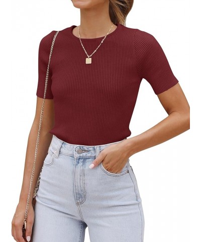 Women's Short Sleeve Crewneck T Shirt 2024 Summer Ribbed Knit Slim Fit Basic Solid Color Tee Tops Wine $10.75 T-Shirts