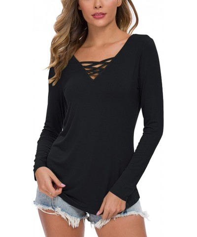 Women's Casual Long Sleeve T-Shirt Criss Cross V-Neck Basic Tees Tops 01 Black $14.74 T-Shirts