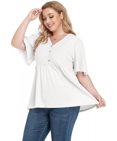 Womens Long Sleeve L-5X Plus Size Waffle Knit Tunic Tops Button Up V Neck Loose Fit Henley Tshirt Short Sleeve B04 Short Slee...