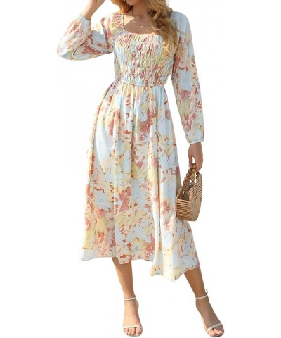 Women's Boho Floral Dresses Long Sleeve Off Shoulder Square Neck Ruffle Smocked Flowy Maxi Dress Red-long $19.60 Dresses