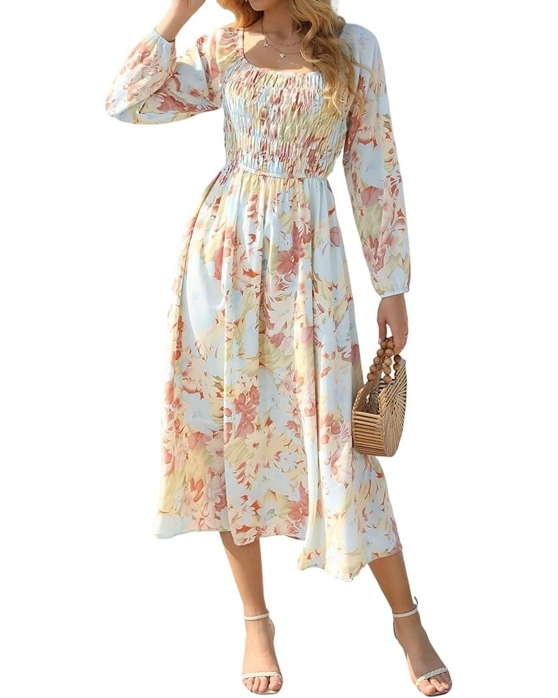 Women's Boho Floral Dresses Long Sleeve Off Shoulder Square Neck Ruffle Smocked Flowy Maxi Dress Red-long $19.60 Dresses