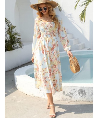 Women's Boho Floral Dresses Long Sleeve Off Shoulder Square Neck Ruffle Smocked Flowy Maxi Dress Red-long $19.60 Dresses