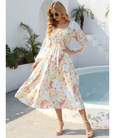 Women's Boho Floral Dresses Long Sleeve Off Shoulder Square Neck Ruffle Smocked Flowy Maxi Dress Red-long $19.60 Dresses