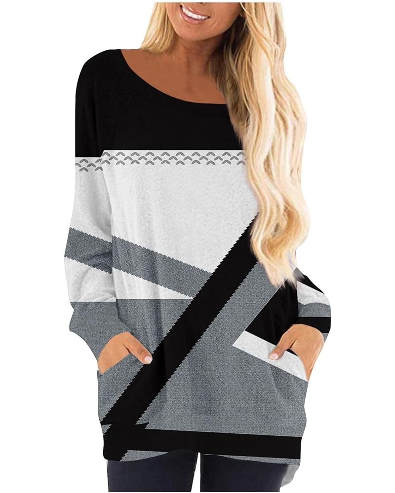 Shirts for Women,Women's Trendy Geometric Print Crewneck Long Blouses with Pockets Casual Loose Long Sleeve Tunic Tee Dark Gr...