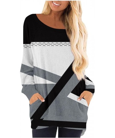 Shirts for Women,Women's Trendy Geometric Print Crewneck Long Blouses with Pockets Casual Loose Long Sleeve Tunic Tee Dark Gr...