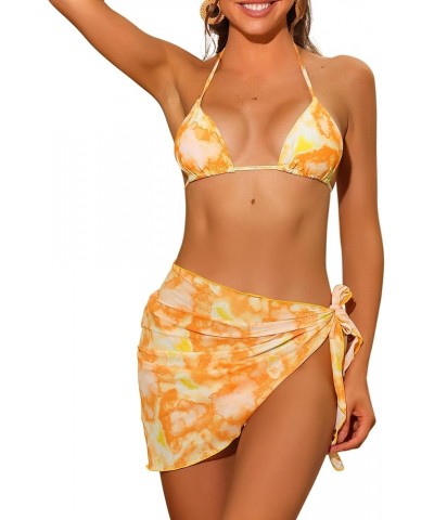 Women's 3 Piece Tie Dye Bikini Sets, Halter Tie Triangle Swimsuits with Sarong Cover Ups Beach Skirt Bathing Suit Orange $12....