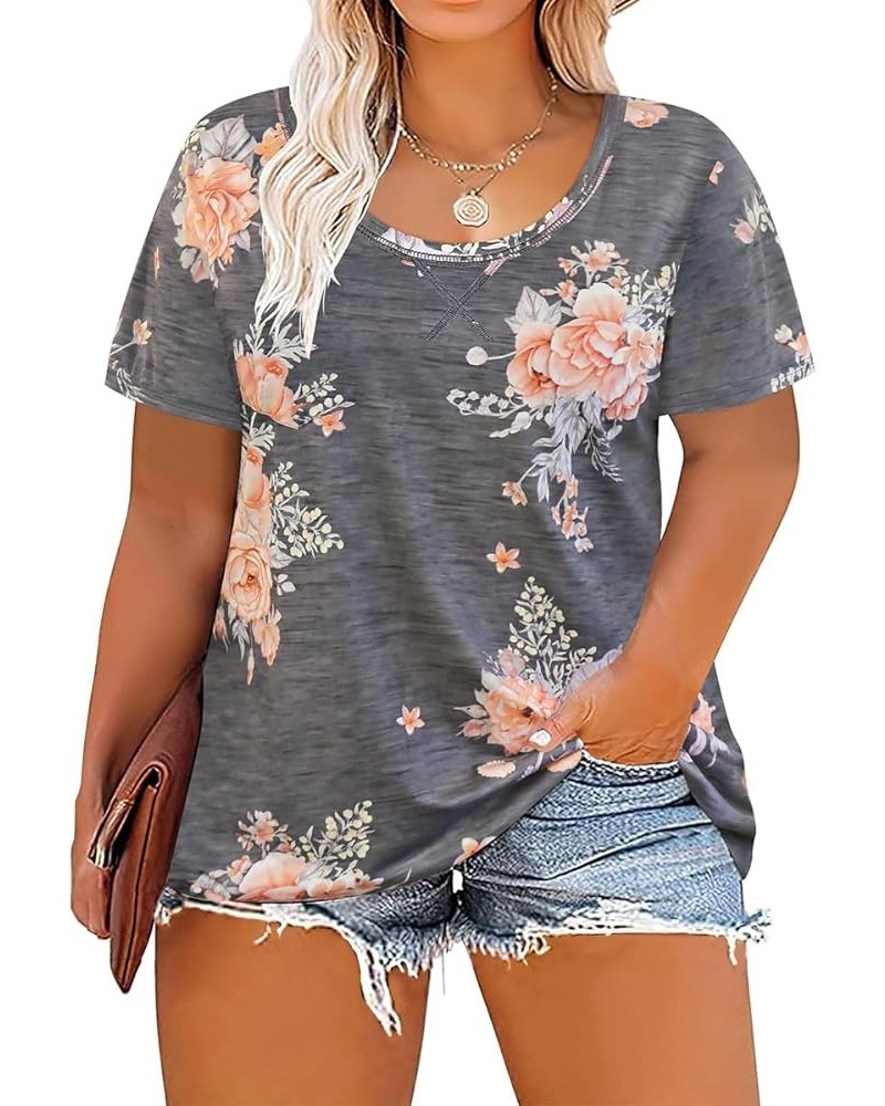 Plus Size T Shirt for Women Short Sleeve Tunic Cross Line Shirts Round Neck Tops Summer Blouse XL-5XL 14-28 3_ Grey Floral $7...