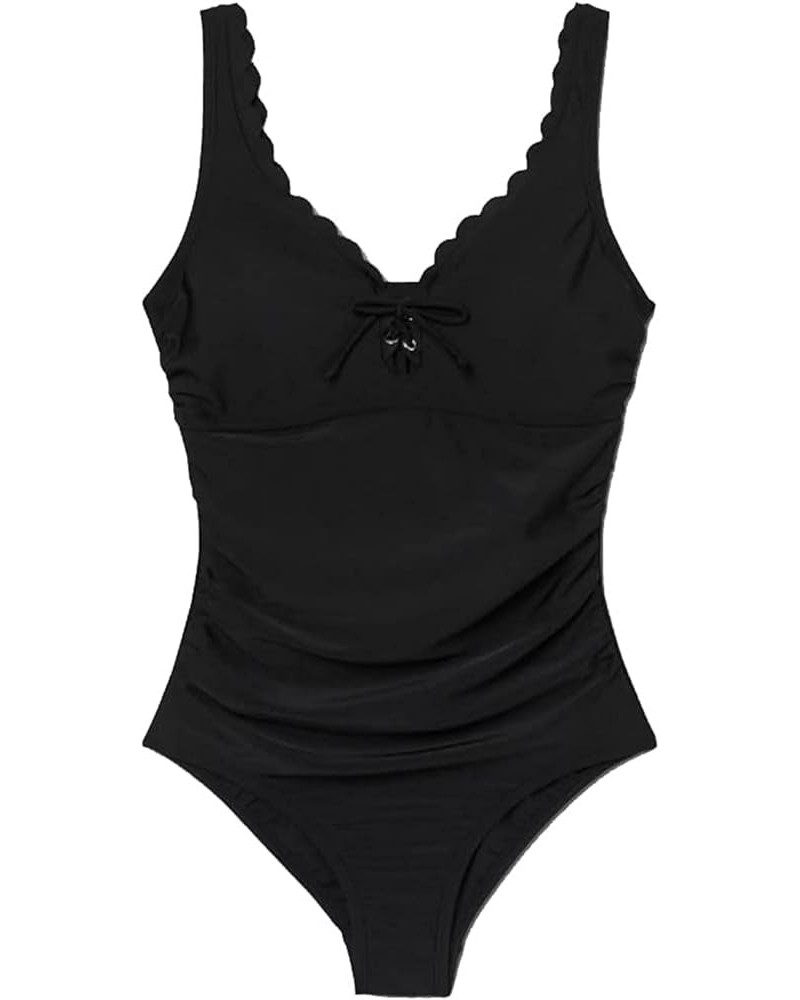 womens Grommet Scallop One Piece Swimsuit Black $17.55 Swimsuits