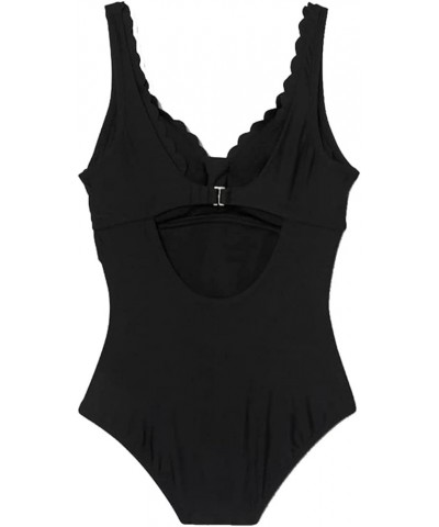 womens Grommet Scallop One Piece Swimsuit Black $17.55 Swimsuits