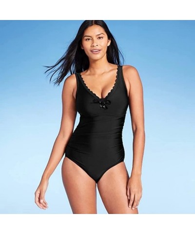 womens Grommet Scallop One Piece Swimsuit Black $17.55 Swimsuits