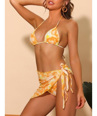 Women's 3 Piece Tie Dye Bikini Sets, Halter Tie Triangle Swimsuits with Sarong Cover Ups Beach Skirt Bathing Suit Orange $12....