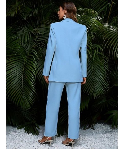 Women's 2 Piece Outfits Solid Button Down Lapel Blazer Jacket with Pants Office Suit Set Light Blue $43.61 Suits