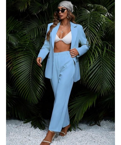 Women's 2 Piece Outfits Solid Button Down Lapel Blazer Jacket with Pants Office Suit Set Light Blue $43.61 Suits