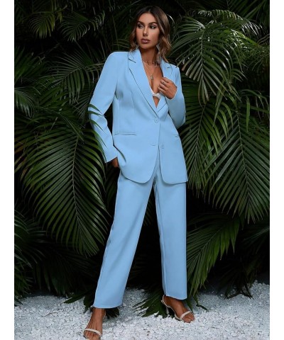 Women's 2 Piece Outfits Solid Button Down Lapel Blazer Jacket with Pants Office Suit Set Light Blue $43.61 Suits