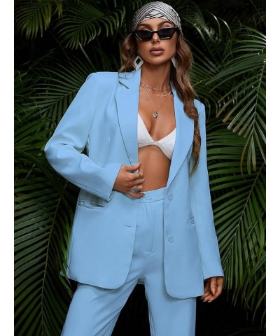 Women's 2 Piece Outfits Solid Button Down Lapel Blazer Jacket with Pants Office Suit Set Light Blue $43.61 Suits