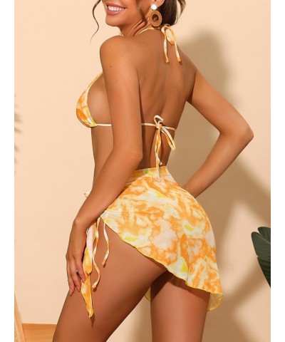 Women's 3 Piece Tie Dye Bikini Sets, Halter Tie Triangle Swimsuits with Sarong Cover Ups Beach Skirt Bathing Suit Orange $12....