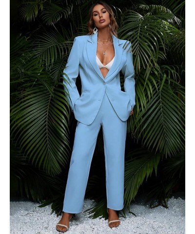 Women's 2 Piece Outfits Solid Button Down Lapel Blazer Jacket with Pants Office Suit Set Light Blue $43.61 Suits