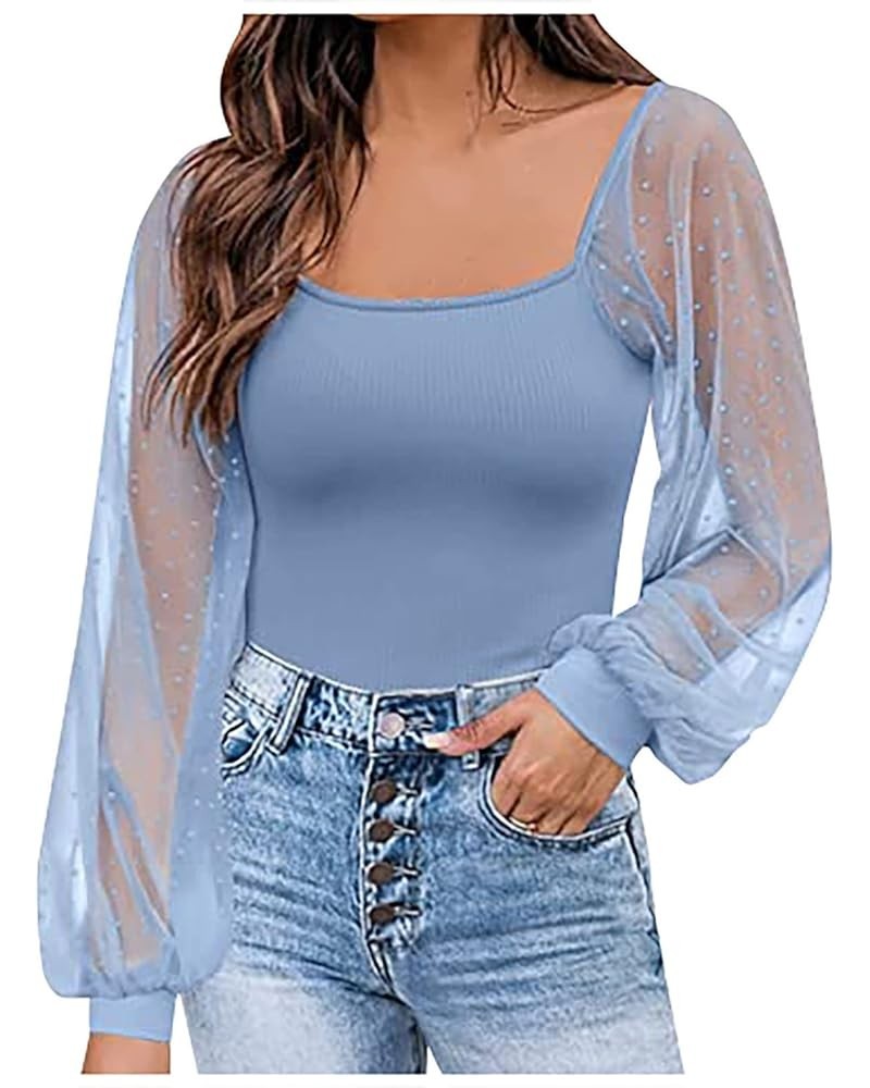 Womens Square Neck Top Ribbed Knitted Long Sleeve Slim Fitted Pullover Tunic Tops 03-blue $10.00 Tops