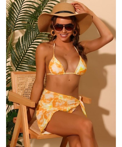 Women's 3 Piece Tie Dye Bikini Sets, Halter Tie Triangle Swimsuits with Sarong Cover Ups Beach Skirt Bathing Suit Orange $12....