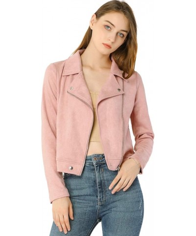 Women's Short Soft Zip Up Faux Suede Biker Moto Jacket Pink $24.48 Coats