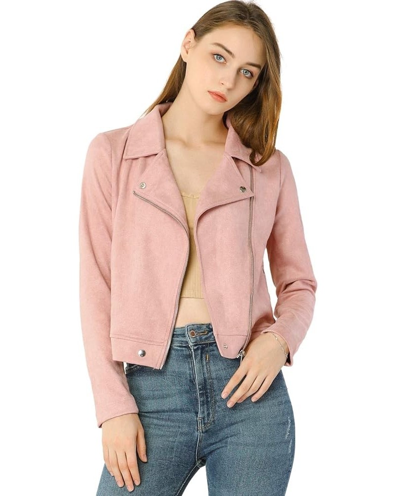 Women's Short Soft Zip Up Faux Suede Biker Moto Jacket Pink $24.48 Coats