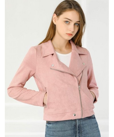 Women's Short Soft Zip Up Faux Suede Biker Moto Jacket Pink $24.48 Coats