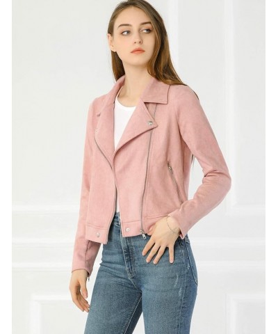 Women's Short Soft Zip Up Faux Suede Biker Moto Jacket Pink $24.48 Coats