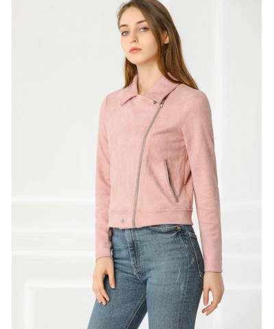 Women's Short Soft Zip Up Faux Suede Biker Moto Jacket Pink $24.48 Coats