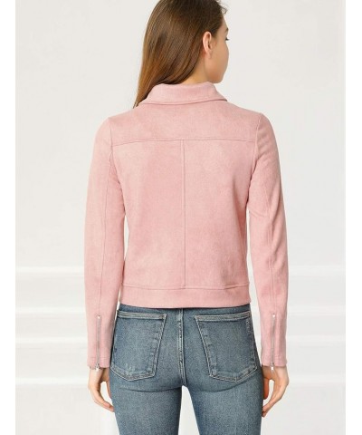 Women's Short Soft Zip Up Faux Suede Biker Moto Jacket Pink $24.48 Coats